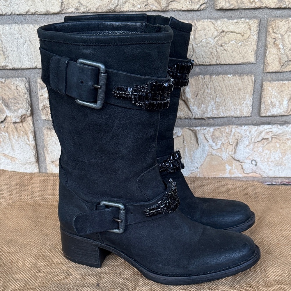 Vera Wang Lavander Label Crystal Embellished Biker Boots Black Leather  6 1/2 - Picture 9 of 13